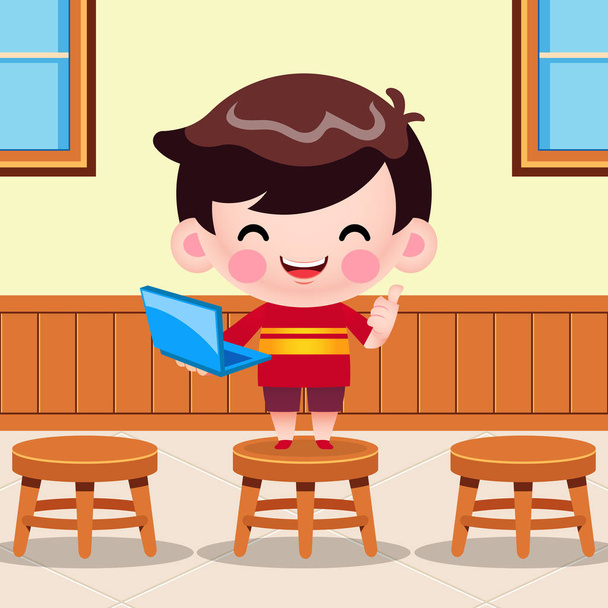 Illustration vector graphic of Cartoon Cute Little Boy Holding Laptop Presentation In Clasroom. Perfect for mascot, children book cover, children book illustrations, wallpaper, kid's brochure, puzzle, game illustration, game assets, animation, etc. - Vector, Image