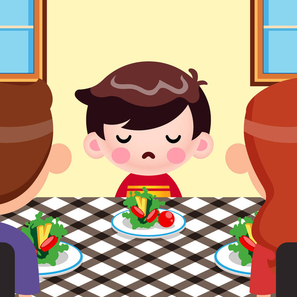 Dibujos animados lindo niño no quiere comer verduras, y sus padres intenta persuadir a su vector
 - Vector, imagen