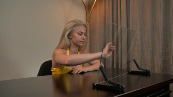 Sexy attractive adult girl work with transparent glass monitor - Footage, Video