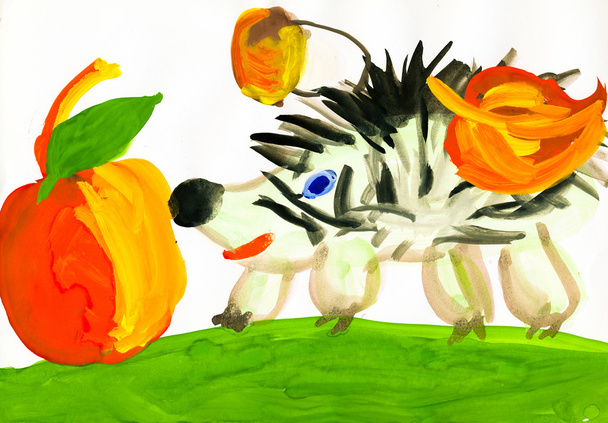hedgehog harvests. child's drawing - Фото, изображение