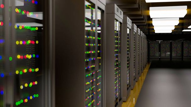 Servers. Server racks in server room cloud datacenter. Datacenter hardware cluster. Back-up, hosting, mainframe, boerderij en computer rek met opslaginformatie. 3d weergave. 3d illustratie - Foto, afbeelding