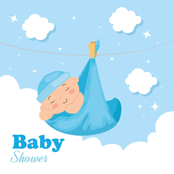 cartão de banho de bebê com bebê menino e decoração
 - Vetor, Imagem