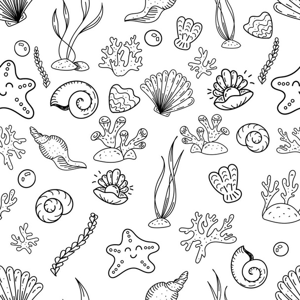 vector seamless pattern, doodles with seashells and seaweed, coloring book - Vector, Image
