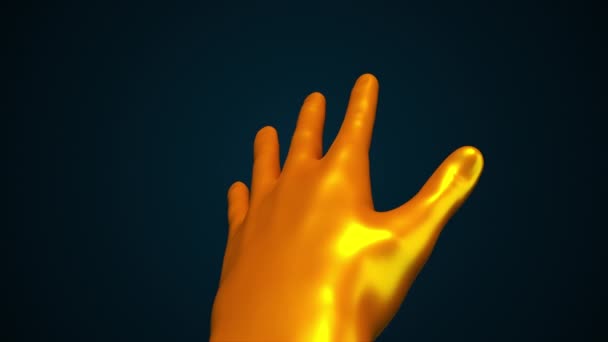 3d rendering of demonstration of the golden palm of Midas on dark background. Streamlined brush shape turn around on the screen, computer generated - 映像、動画