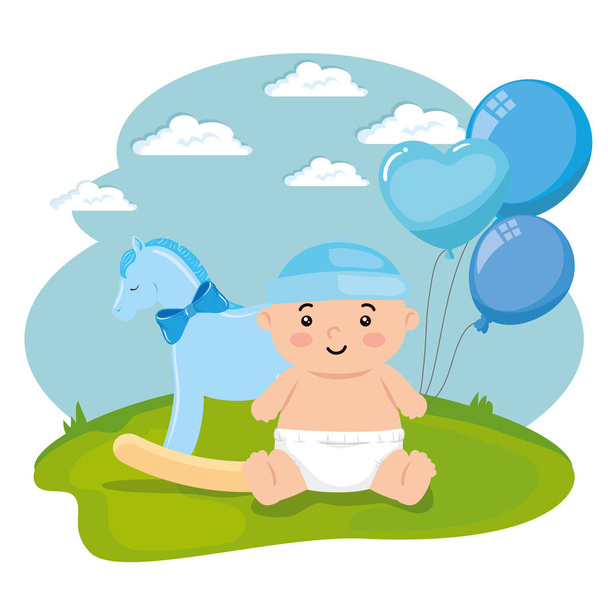 baby boy with horse wooden toy and balloons helium - Vector, Image