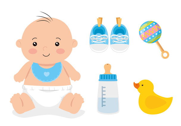 cute little baby boy with set toys - Vector, Image