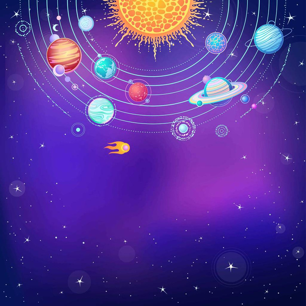 Animation solar system. Vector illustration. Background - night star sky. place for the text. - Vector, Image