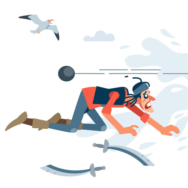 The robber pirate in the red shirt got scared of the Royal Navy cannon ball. Vector illustration of flat cartoon on white background. - Vector, Image