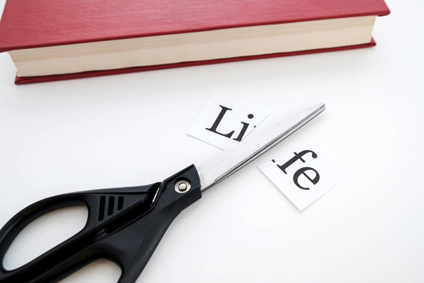 next to the red book is a piece of paper that says life it is cut white background and scissors - Photo, Image