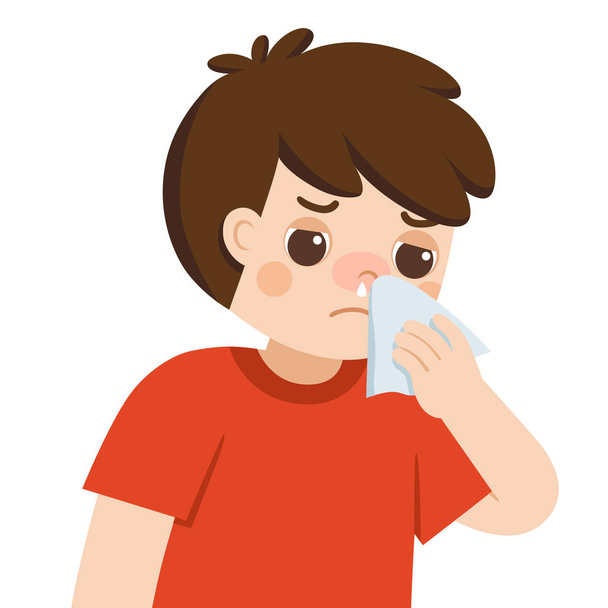 Sick cute boy with a cold and runny nose getting paper napkin sneezing. Flu symptoms. - Vector, Image
