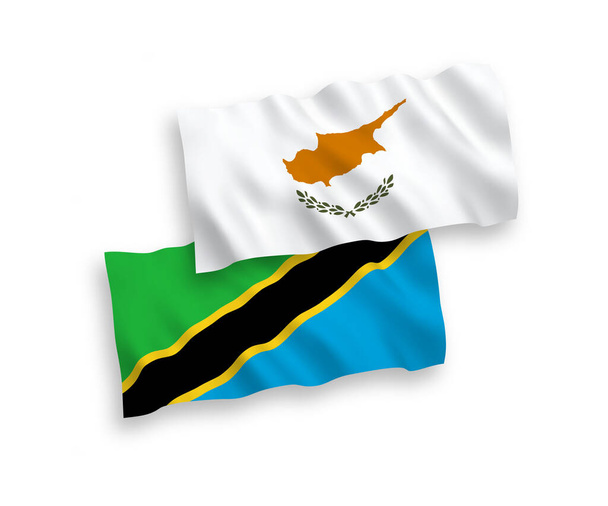 National vector fabric wave flags of Cyprus and Tanzania isolated on white background. 1 to 2 proportion. - Vector, Image