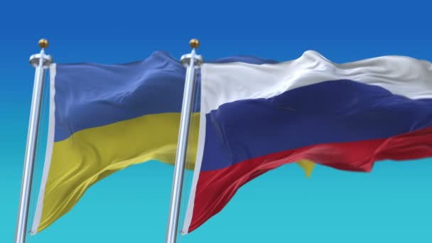 4K απρόσκοπτη Ουκρανία και Ρωσία σημαίες με μπλε ουρανό φόντο, Ukr UA Rus ru. - Πλάνα, βίντεο