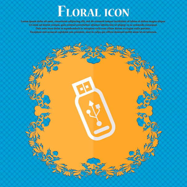 Usb flash drive. Floral flat design on a blue abstract background with place for your text. Vector illustration - Vector, Image
