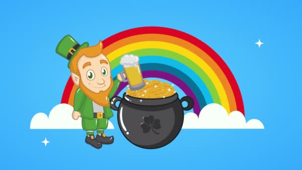 st patricks day animated card with elf and coins in rainbow - Záběry, video