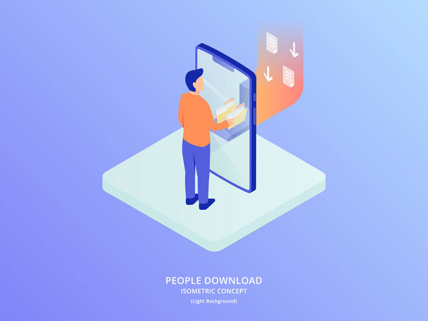 mobile download concept with man people standing downloading content via smartphone vector - Vector, Image