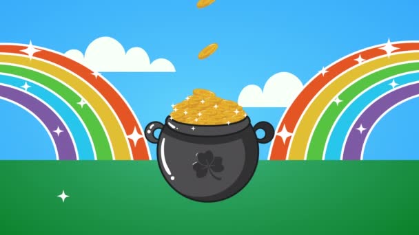 st patricks day animated card with treasure cauldron in rainbow - Felvétel, videó