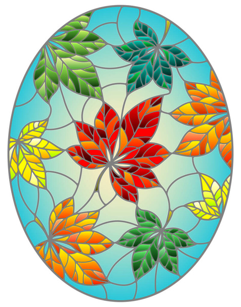 Illustration in stained glass style with colorful leaves of chestnut on a blue background, oval image - Vector, Image