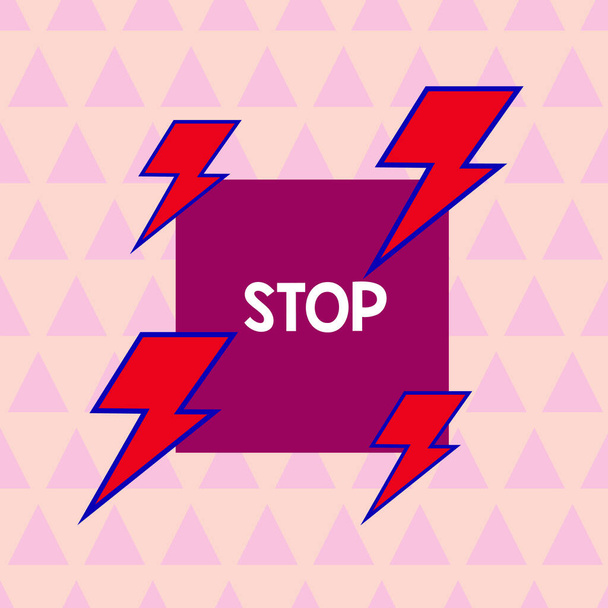 Text sign showing Stop. Conceptual photo Come to an end Prevent Take action to an event from happening Asymmetrical uneven shaped format pattern object outline multicolour design. - Photo, Image