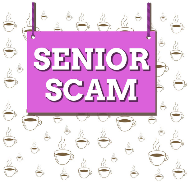 Writing note showing Senior Scam. Business photo showcasing fraud schemes targeting the lifestyle and savings of the elderly Wooden board wood empty frame fixed colorful striped string. - Photo, Image