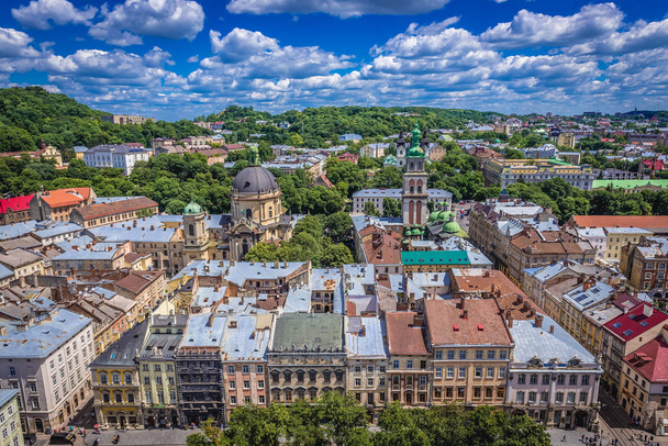 Lviv, Ukraine - June 15, 2017: Panorama of Lviv city, view from City Hall tower with Corpus Christi and Walachia churches - Fotoğraf, Görsel