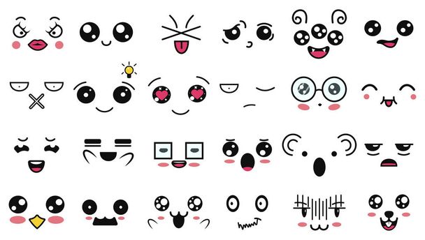 Kawaii schattige gezichten. Grappig cartoon japans emoticon in verschillende uitdrukkingen. Uitdrukking anime karakter en emotie. Sociaal netwerk, print, Japanse stijl emoticons, Mobiel, chatten. kawaii emoties. - Vector, afbeelding