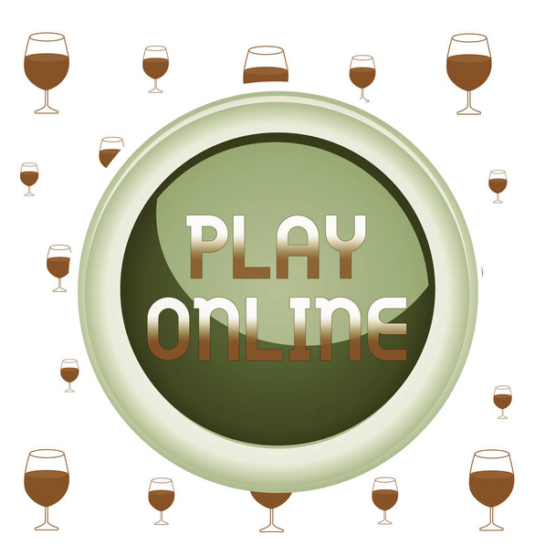 Play Online 'ı gösteren metin işareti. Bir bilgisayar ağı üzerinde oynanan bir video oyunu kavramsal fotoğraf Çember düğmesi renkli küre anahtar merkezi orta arka plan yuvarlak. - Fotoğraf, Görsel