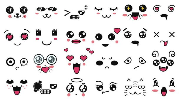 Kawaiovic roztomilé tváře. Vtipný kreslený japonský emotikon v různých výrazech. Vyjádření anime charakter a emoce. Sociální síť, tisk, Japonský styl emotikony, Mobilní, chat. kawaii emoce. - Vektor, obrázek