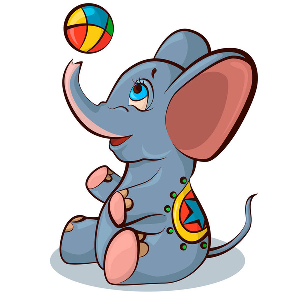 An elephant in a colored blanket plays with a ball. Vector illustration. - Vector, Image