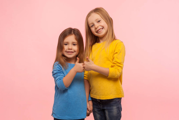 Children showing like, approval sign. Two adorable happy little girls gesturing thumbs up together and smiling to camera, excellent feedback, good job. indoor studio shot isolated on pink background - Photo, image
