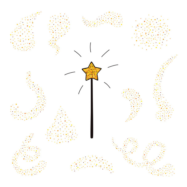 Magic wand and gold dust set. Vector illustration. - Vektor, obrázek