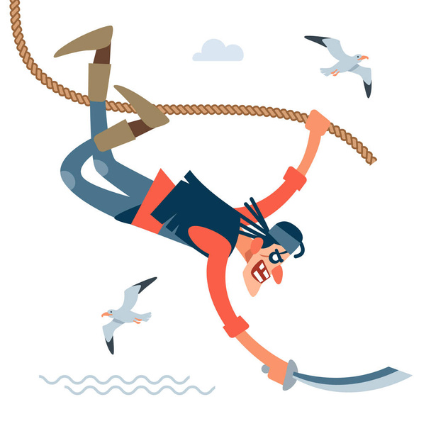A crazy pirate in a red shirt flies from above, bravely attacking the enemy. Vector illustration of flat cartoon on white background. - Vector, Image