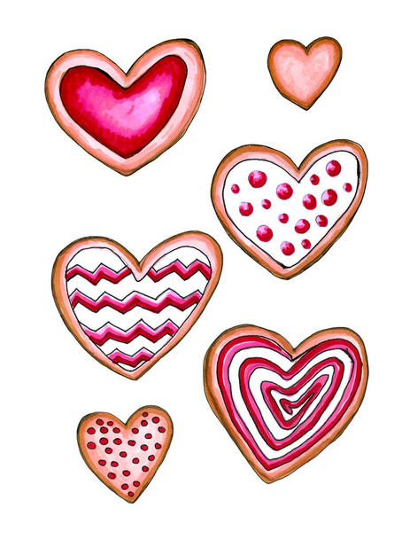 Happy Valentine's Day. Set hearts of cookies. Watercolor card. - Фото, зображення