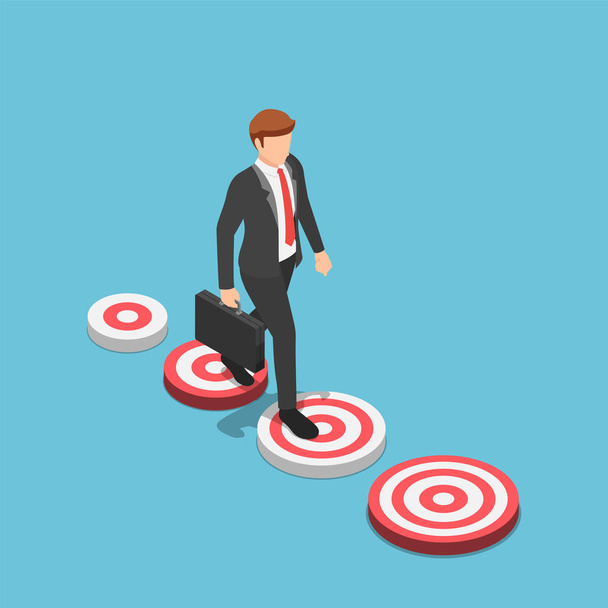 Flat 3d isometric businessman walking to the bigger target. Business target and bigger career opportunities concept. - Vector, Image
