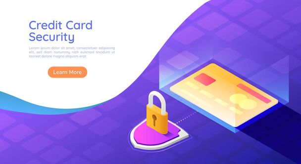 3d isometrische web banner credit card met schild en lock security systeem. Creditcard betalingszekerheid concept. - Vector, afbeelding