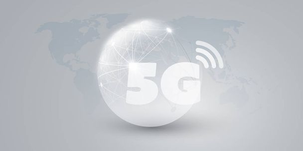 5g Netwerklabel met Globe - High Speed, Breedband Mobile Telecommunication en Wireless Systems Design Concept - Vector, afbeelding
