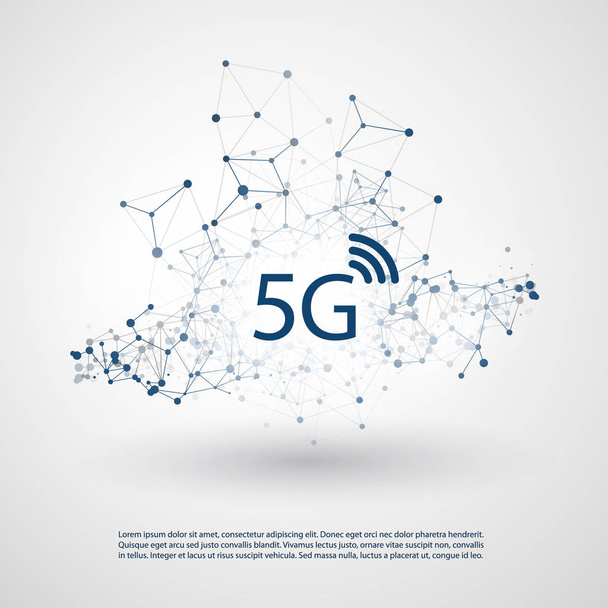 5g Network Label with Wireframe Mesh - High Speed, Broadband Mobile Telecommunication and Wireless Internet Design Concept - Vektor, obrázek