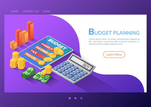 Applicazione di pianificazione del budget per banner web isometrici 3d su tablet digitale con calcolatrice e denaro. pianificazione di bilancio e concetto finanziario
. - Vettoriali, immagini