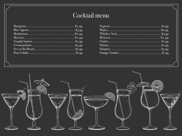 Vorlage für das Alkohol-Menü der Bar, Restaurant-Café. Beliebte handgezogene Cocktails auf dunklem Hintergrund. Vektorillustration - Vektor, Bild
