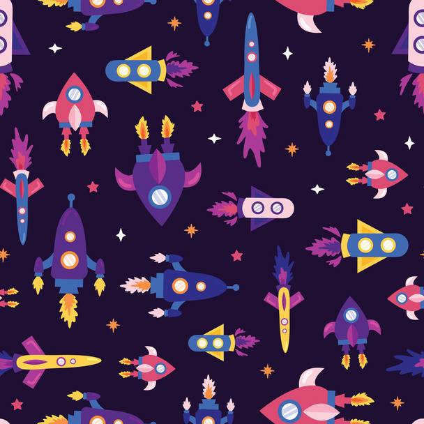 紫の夜にカラフルなロケットとシームレスなパターン。遊び心のある宇宙船ベクトルイラストのためにユニセックス子供. - ベクター画像
