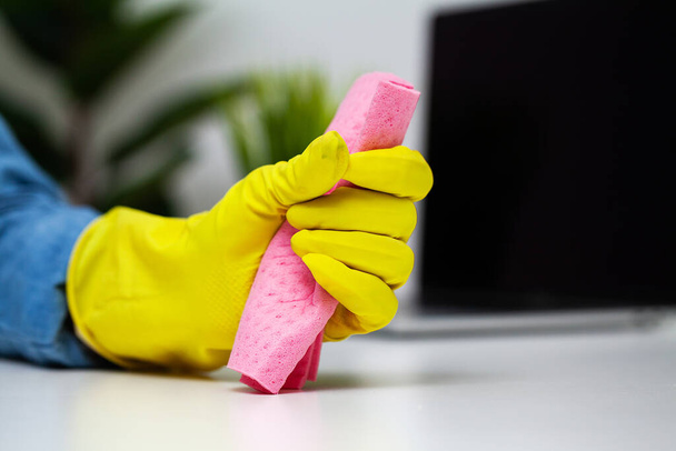 Fechar a empresa de limpeza trabalhador mão segurando esponja
 - Foto, Imagem