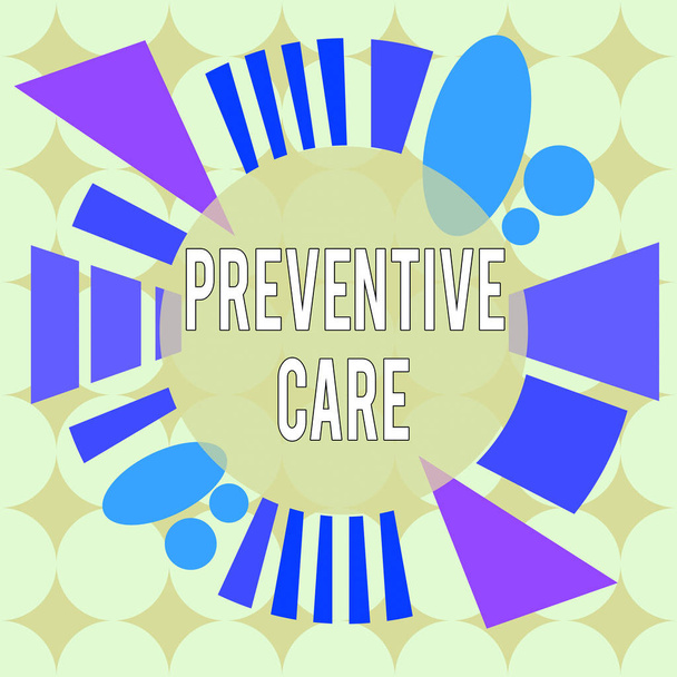 Conceptual hand writing showing Preventive Care. Business photo text care that you receive to prevent illnesses or diseases Asymmetrical format pattern object outline multicolor design. - Photo, Image