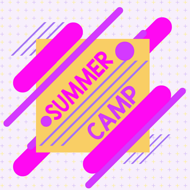Text sign showing Summer Camp. Conceptual photo supervised program for children conducted during the summer Asymmetrical uneven shaped format pattern object outline multicolour design. - Photo, Image