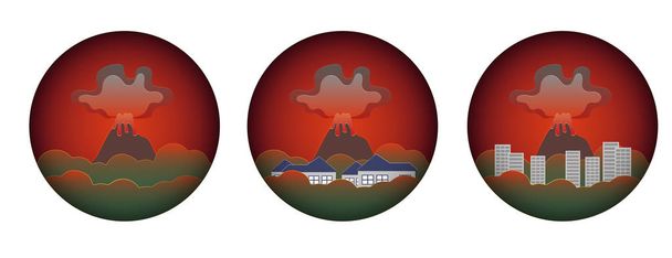 Volcanic eruption Disaster concept set. Ruined houses in town, city, village. Destroyed cities. - ベクター画像