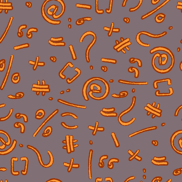 ortografía naranja con un trazo marrón sobre un fondo gris, signo de interrogación, más, igual, porcentaje, comillas, grapas, guion, punto, coma signo de exclamación. patrones sin costura
 - Vector, imagen