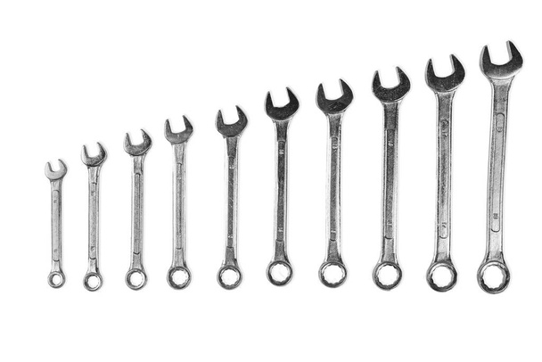 set of steel wrenches arranged in ascending order. Isolated on a white background. - Photo, Image
