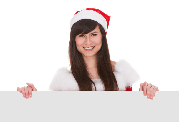 Christmas Woman In Santa Hat With Placard - Фото, изображение