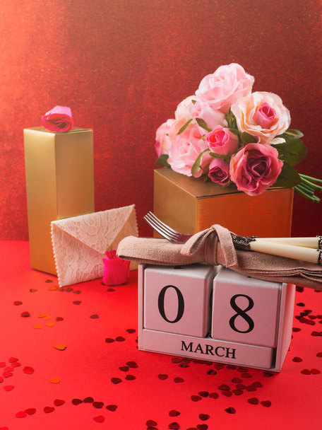 Festive womens day concept with wood calendar - Photo, Image