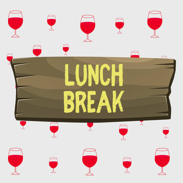 Text sign showing Lunch Break. Conceptual photo time when a demonstrating stops working or studying to have lunch Plank wooden board blank rectangle shaped wood attached color background. - Zdjęcie, obraz