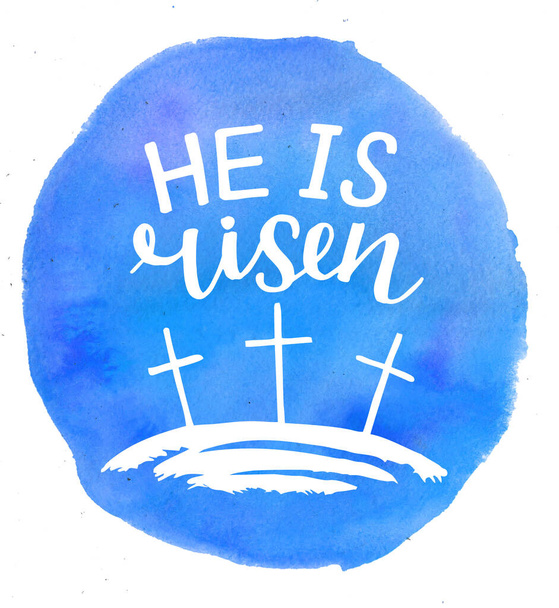 Hand lettering Bible Verse He is risen with 3 crosses. - Foto, afbeelding