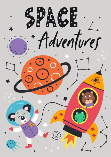 poster with space koala and rocket on gray background - vector illustration, eps     - ベクター画像